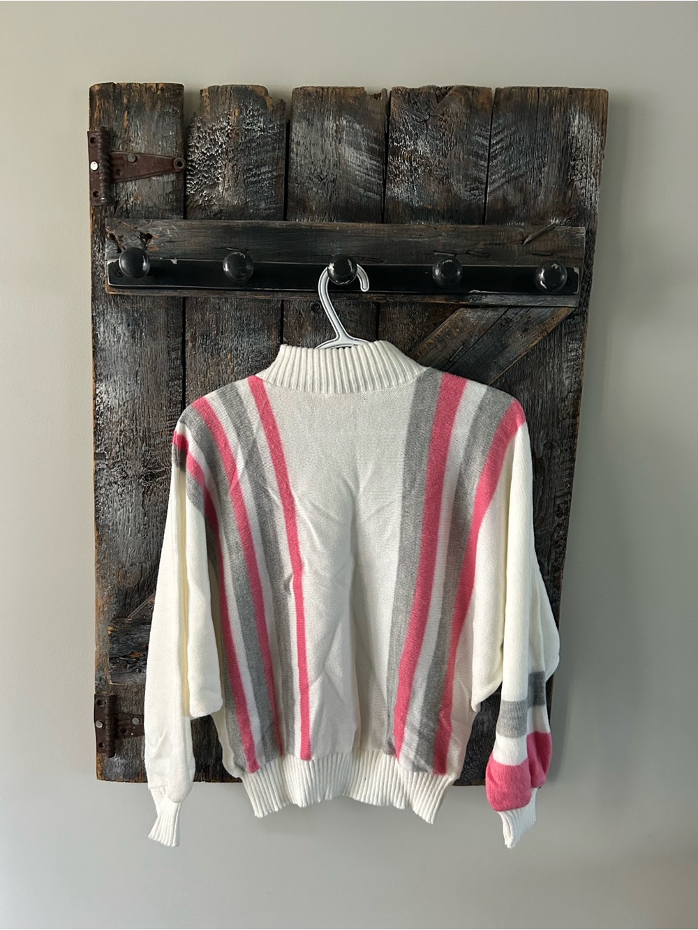 Women's Vintage Universal Cream Stripe Mock Neck Sweater - Pink & Gray Accent - Picture 2 of 4